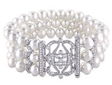 White Freshwater Cultured Pearl 6.5-7mm Bracelet with Cubic Zirconia In Sterling Silver